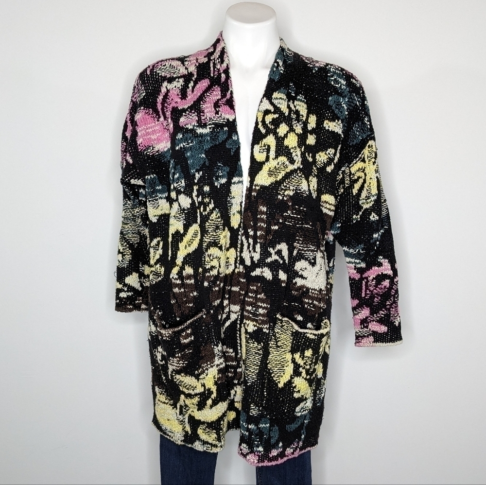 Free People Think Twice black pink yellow open cardigan sweater XS